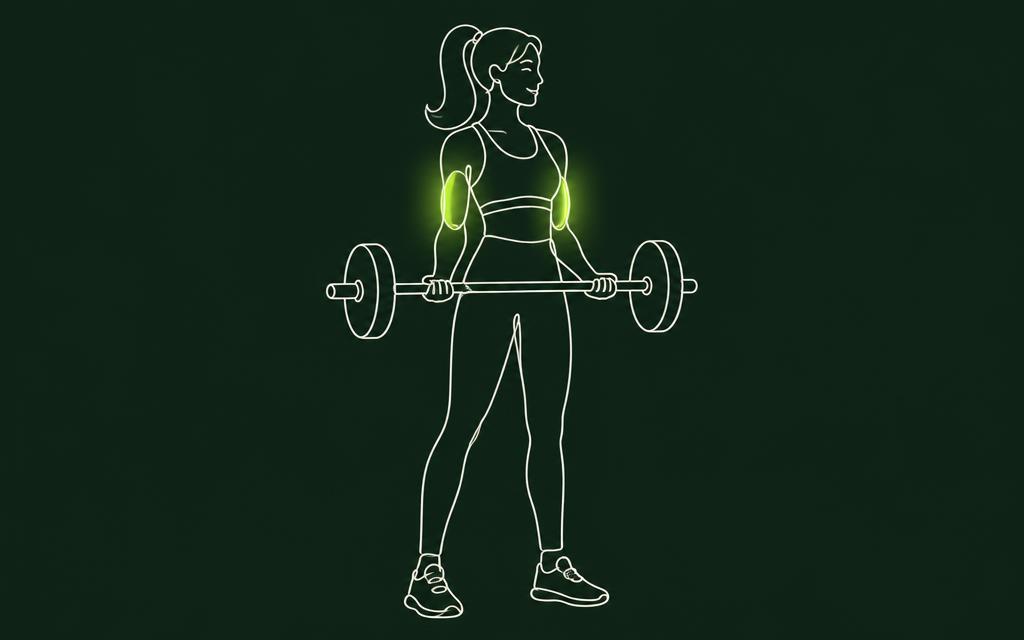 Line illustration of the Barbell curl with the biceps muscles highlighted