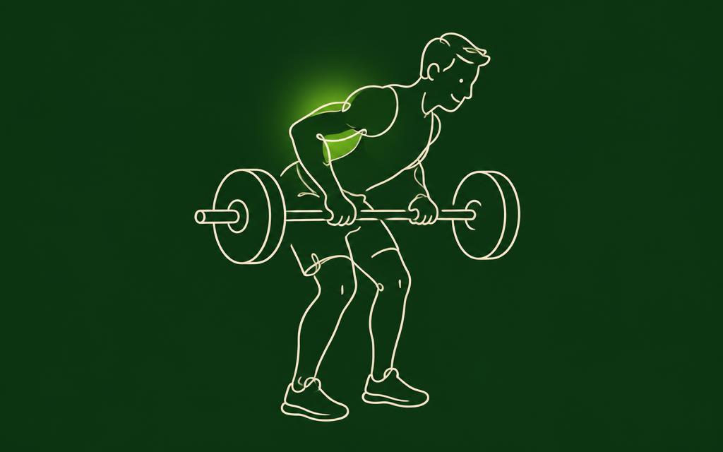 Line illustration of the Barbell row with the back muscles highlighted