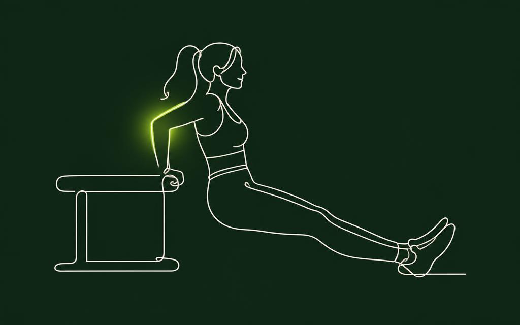Line illustration of the Bench dip with the triceps muscles highlighted