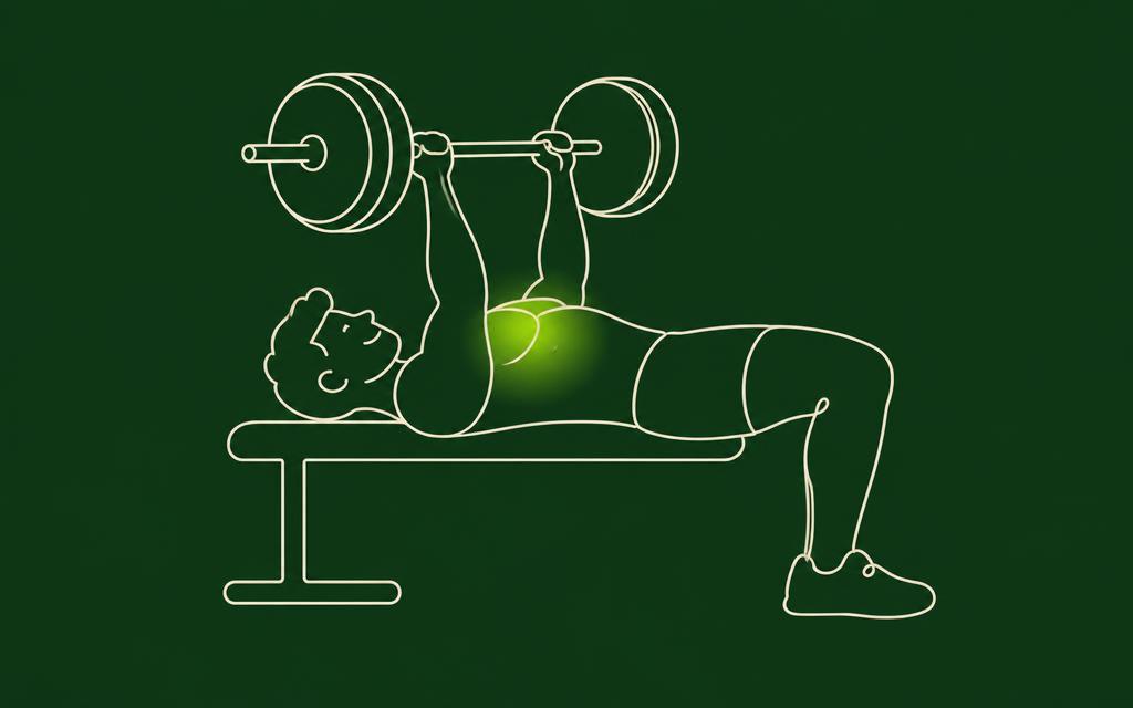 Line illustration of the Bench press with the chest muscles highlighted