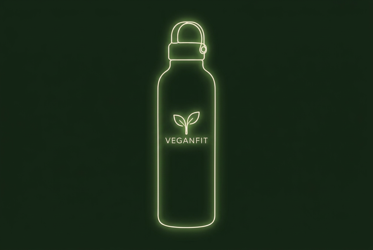 One line drawing of a sports water bottle with the VeganFit logo on the side
