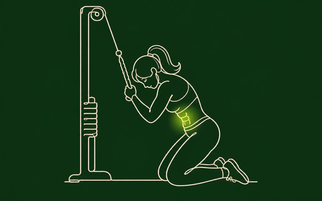 Line illustration of the Cable crunch with the core muscles highlighted