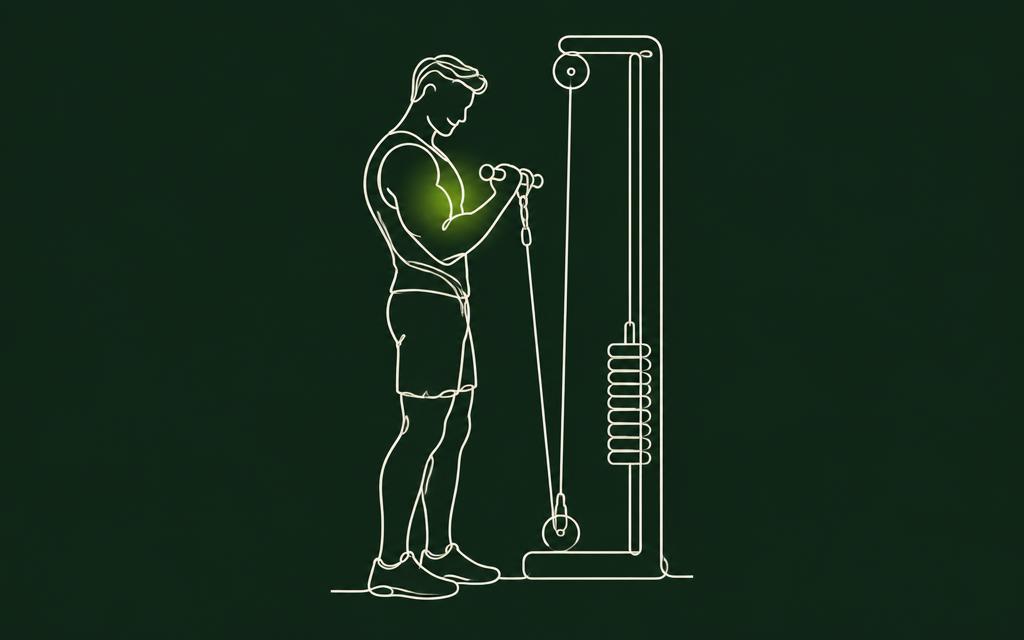 Line illustration of the Cable curl with the biceps muscles highlighted