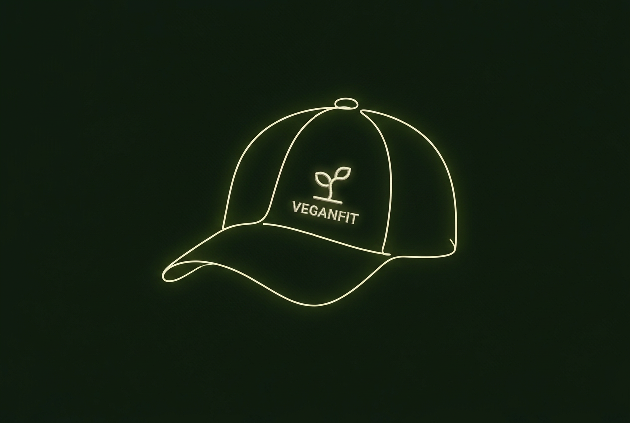 One line drawing of a baseball cap with the VeganFit logo on the front