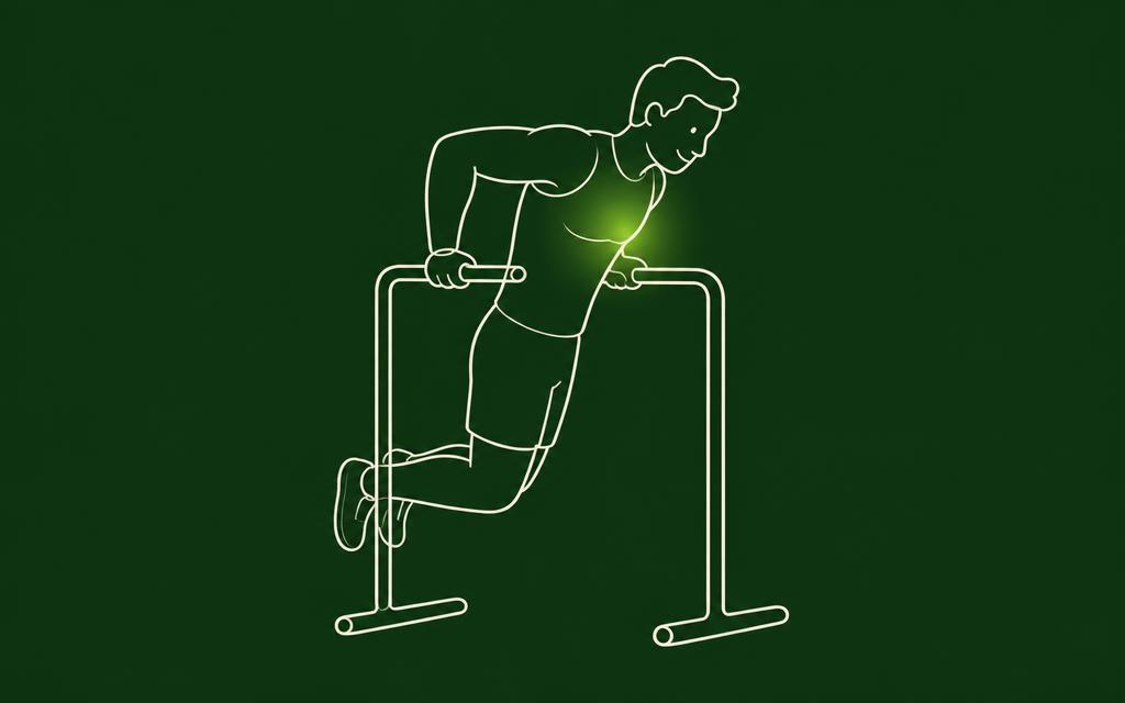 Line illustration of the Chest dip with the chest muscles highlighted