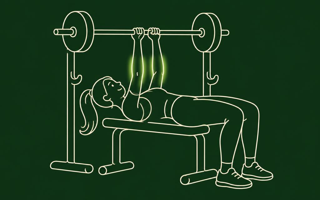 Line illustration of the Close grip bench press with the triceps muscles highlighted