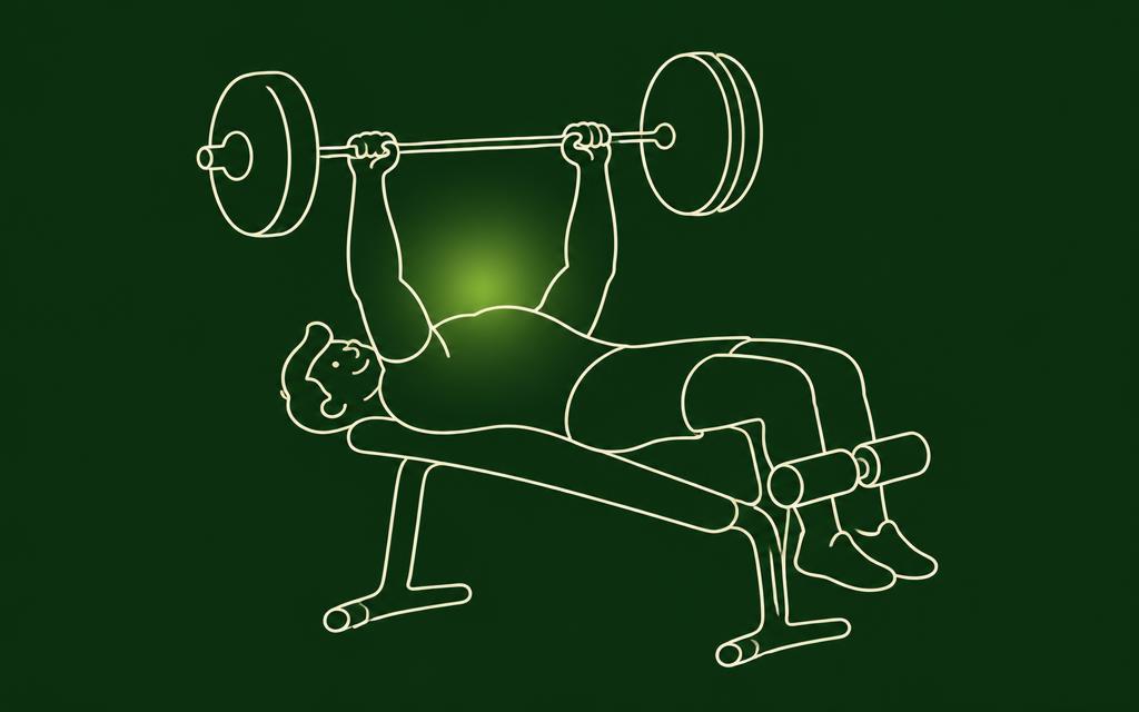 Line illustration of the Decline press with the chest muscles highlighted