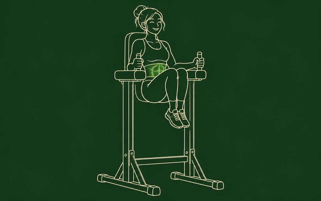 Line illustration of the Dip bar knee raises with the core muscles highlighted