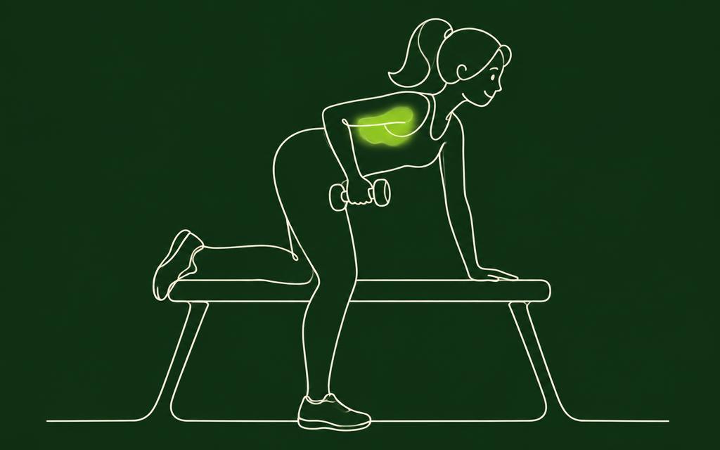 Line illustration of the Dumbbell row with the back muscles highlighted