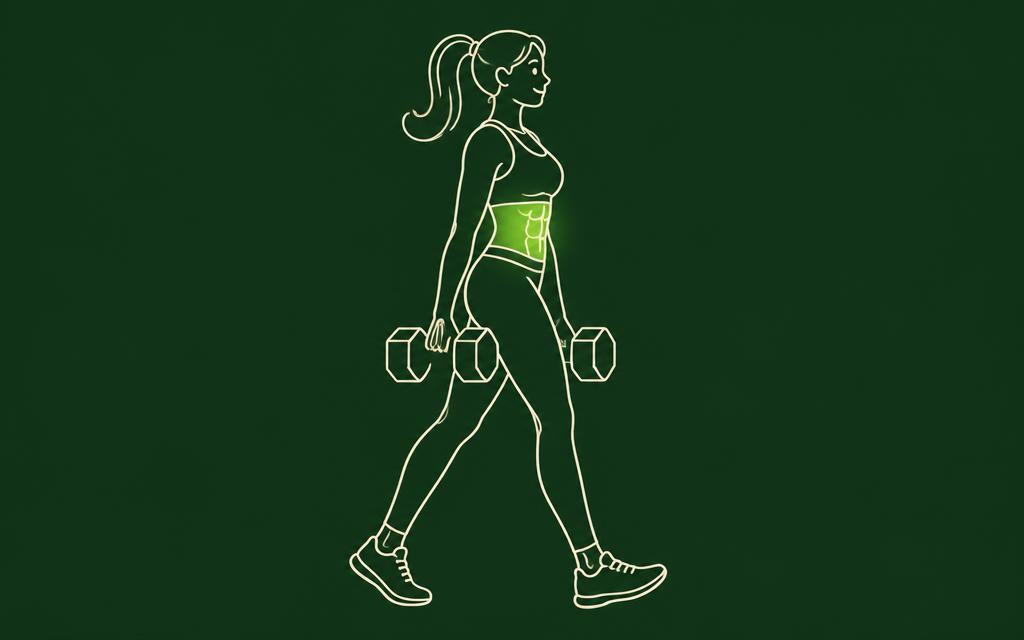 Line illustration of the Farmer carry with the core muscles highlighted