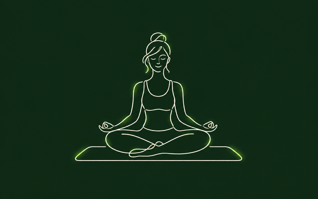 One line drawing of a woman sitting cross legged on a yoga mat with eyes closed, meditating