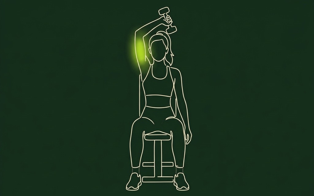 Line illustration of the Overhead Tricep Extension (seated) with the triceps muscles highlighted