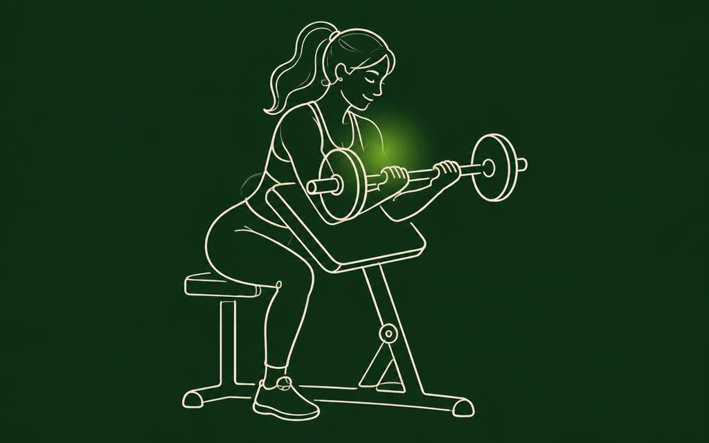 Line illustration of the Preacher curl with the biceps muscles highlighted