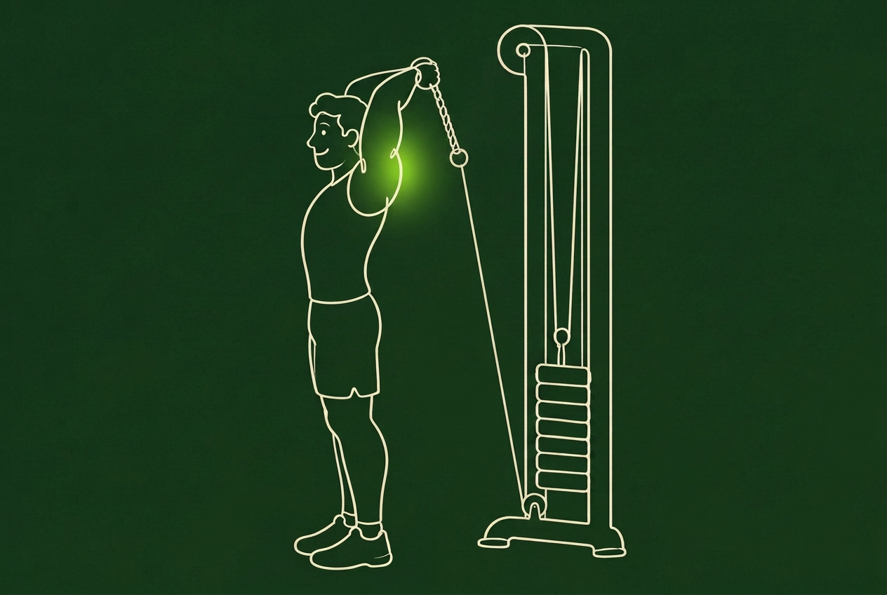 Line illustration of the Rope overhead extension with the triceps muscles highlighted