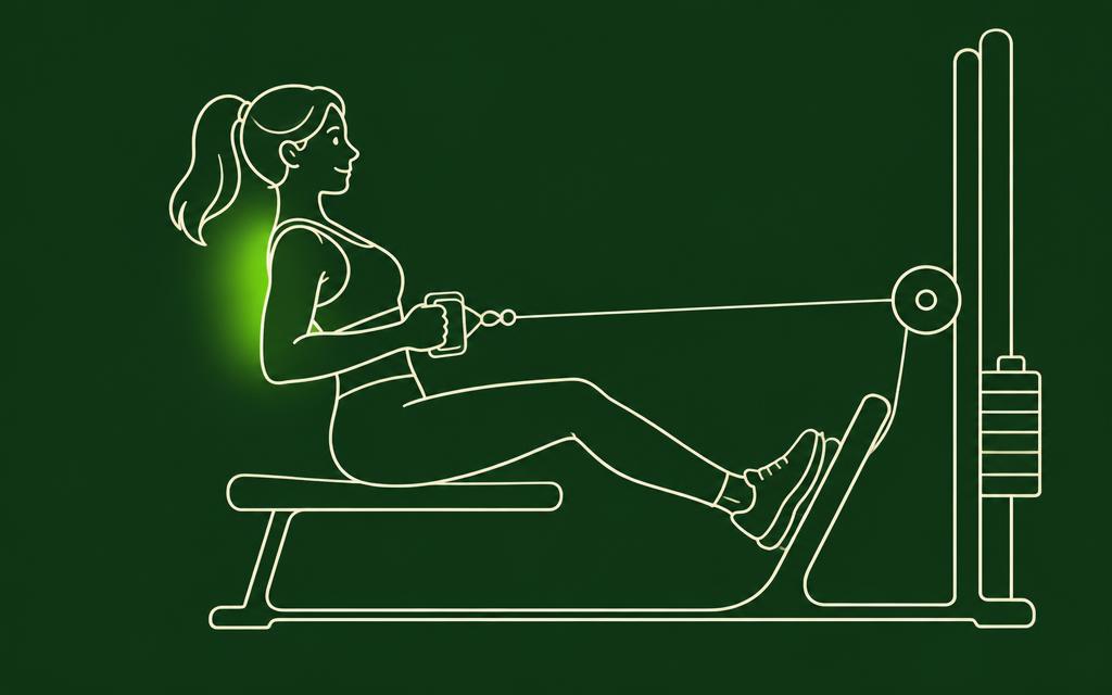Line illustration of the Seated cable row with the back muscles highlighted