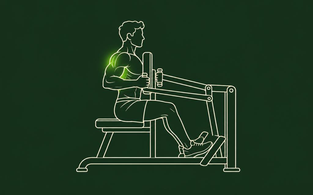 Line illustration of the Seated machine row with the back muscles highlighted