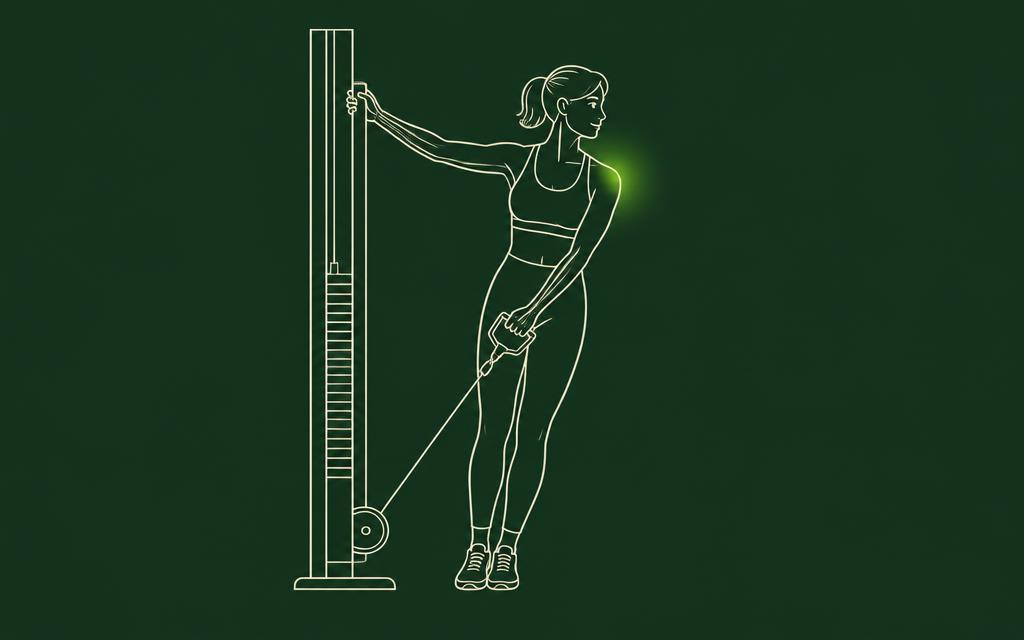 Line illustration of the Sideways leaning cable row with the shoulders muscles highlighted