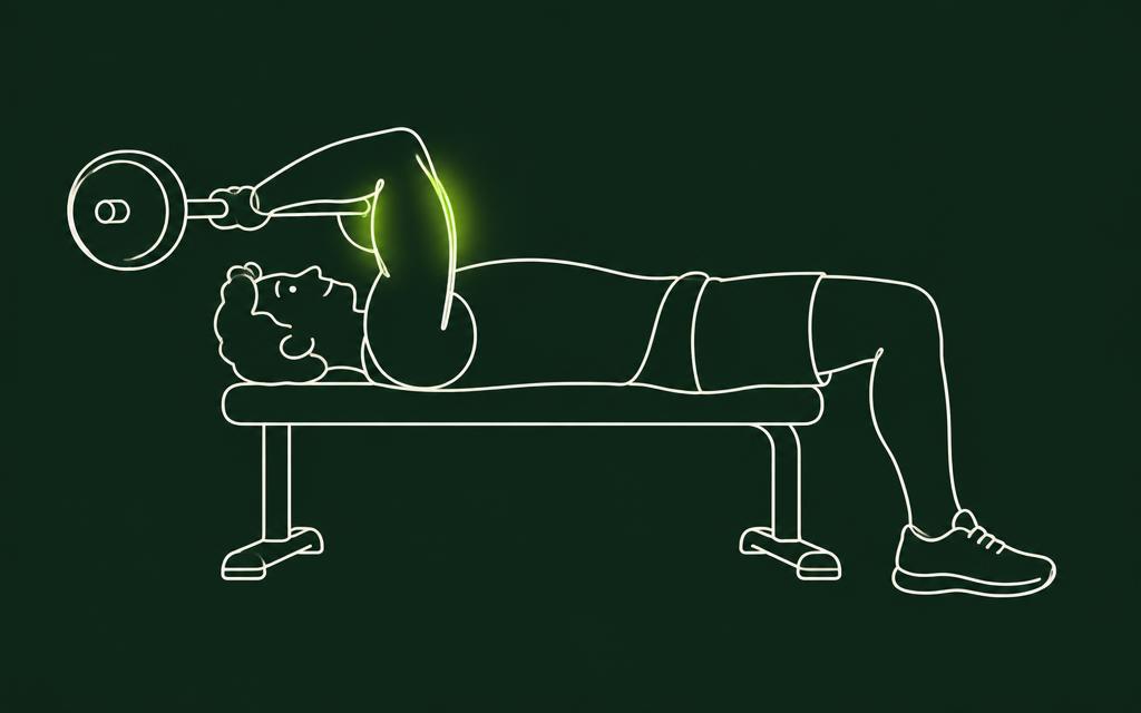 Line illustration of the Skull crusher with the triceps muscles highlighted
