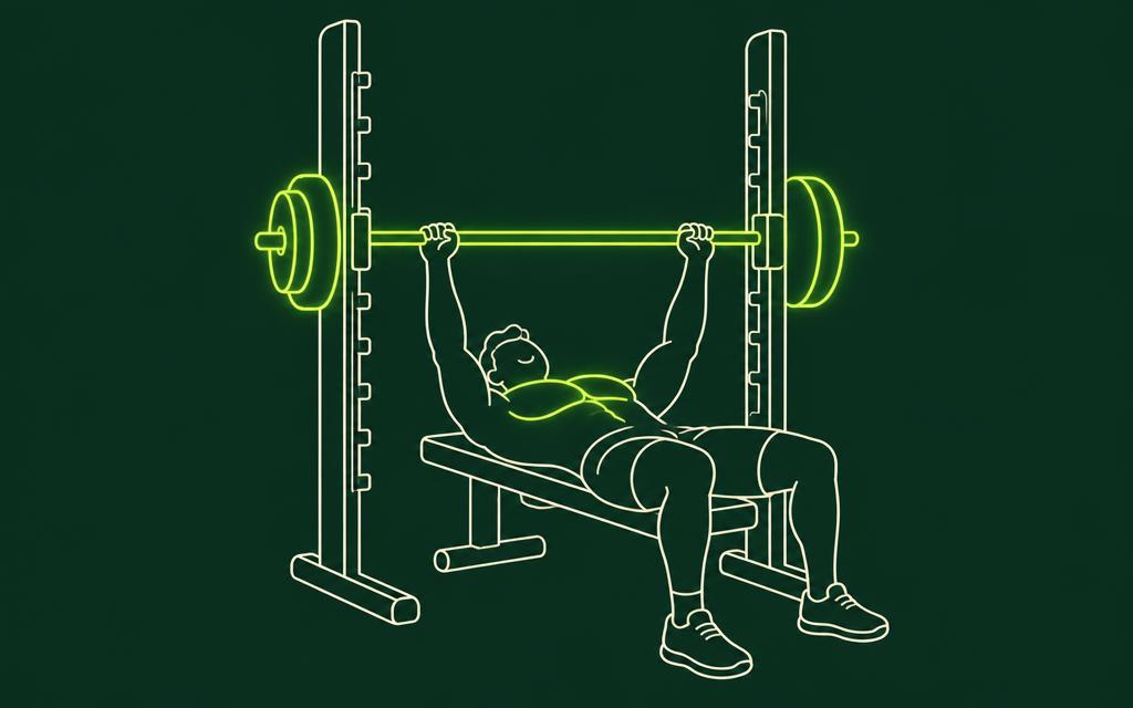 One-line drawing of a man bench pressing a barbell fixed to the vertical rails of a Smith machine