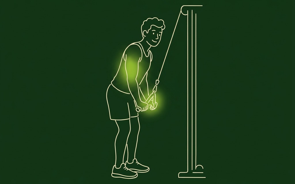Line illustration of the Tricep Bar Pushdown with the triceps muscles highlighted
