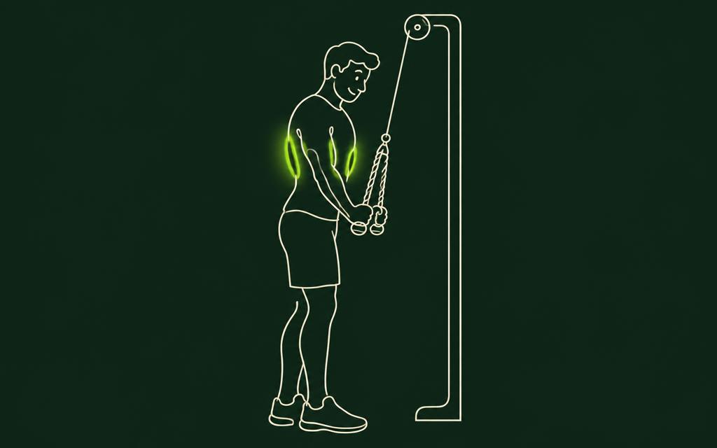Line illustration of the Tricep Rope Pushdown with the triceps muscles highlighted