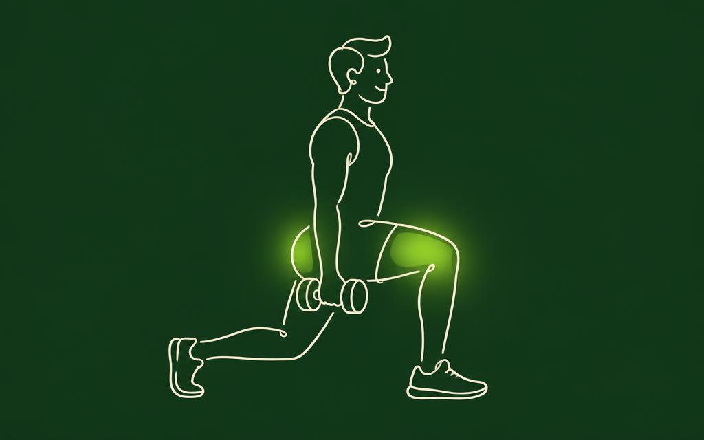 Line illustration of the Walking lunge with the legs muscles highlighted